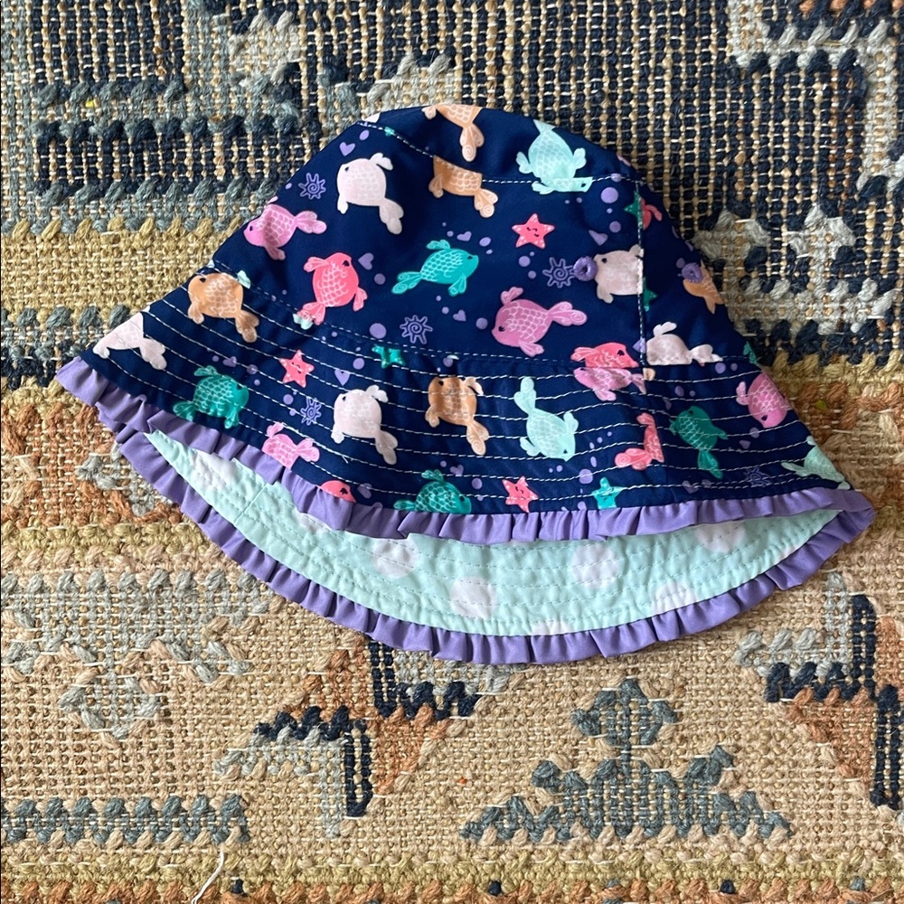 Kids Reversible Navy Sea Turtle Sun Hat with Lavender Trim